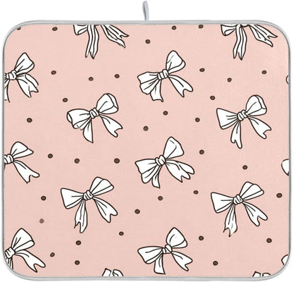 Cute Bow Light Pink Cute Dish Drying Mat Absorbent Dishes Drainer Rack Mats Microfiber Reversible Dish Drying Pad Fast Dry Kitchen Accessories 16x18in For Kitchen Counter