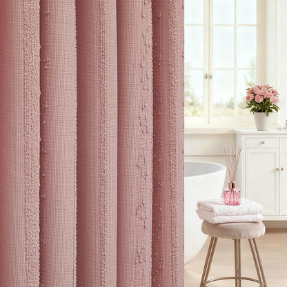 Pink Shower Curtain Boho, Cotton Blend Waffle Shower Curtain Textured, Fabric Shower Curtains for Bathroom, Washable 72 x 72