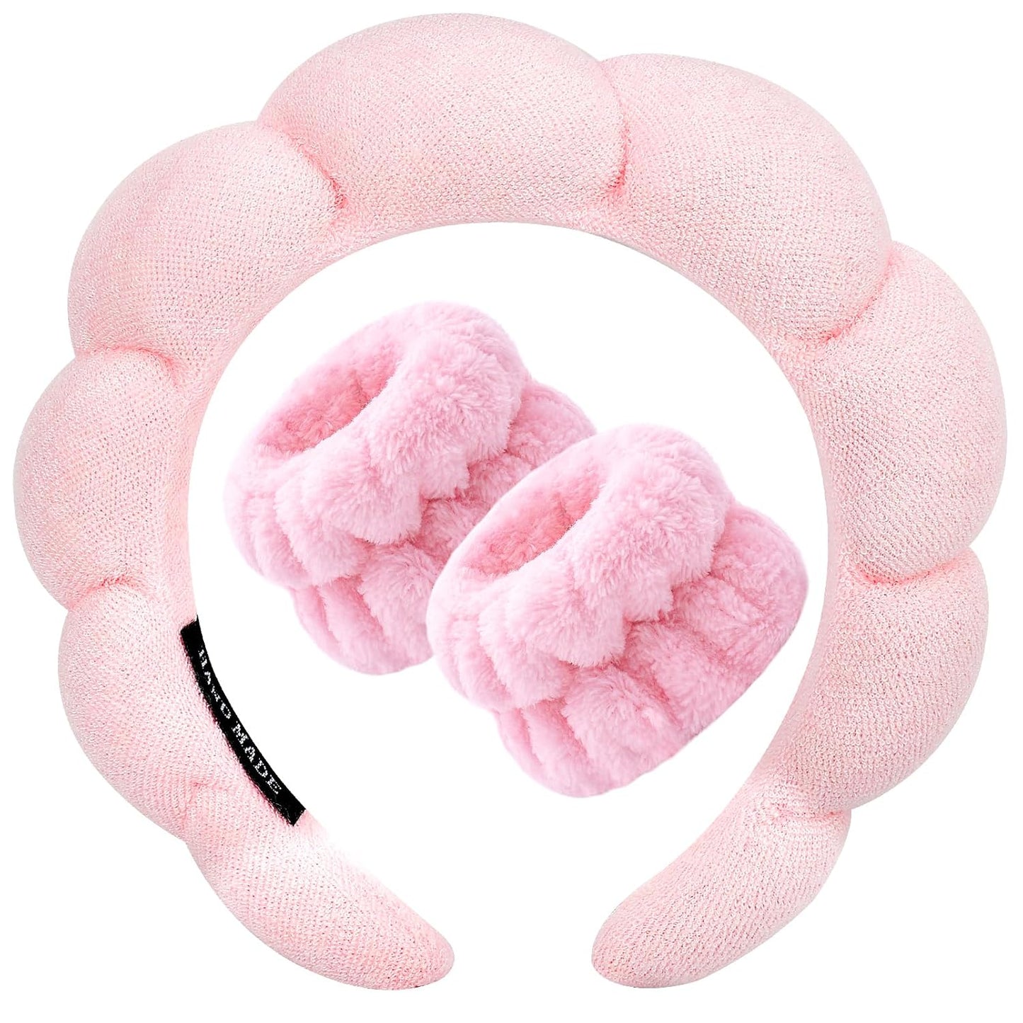 Spa Headband for Washing Face Wristband Sponge Makeup Skincare Headband Terry Cloth Bubble Soft Get Ready Hairband for Women Girl Puffy Padded Headwear Non Slip Thick Hair Accessory(Pink)