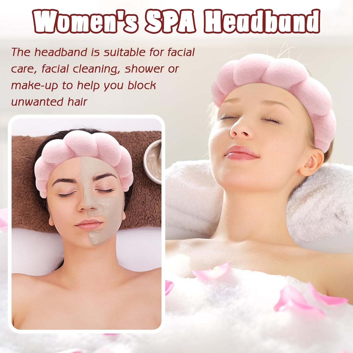 Spa Headband for Washing Face Wristband Sponge Makeup Skincare Headband Terry Cloth Bubble Soft Get Ready Hairband for Women Girl Puffy Padded Headwear Non Slip Thick Hair Accessory(Pink)