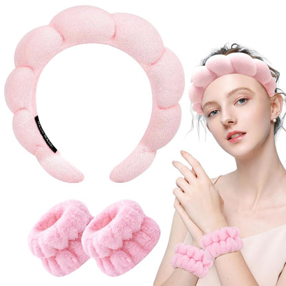 Spa Headband for Washing Face Wristband Sponge Makeup Skincare Headband Terry Cloth Bubble Soft Get Ready Hairband for Women Girl Puffy Padded Headwear Non Slip Thick Hair Accessory(Pink)