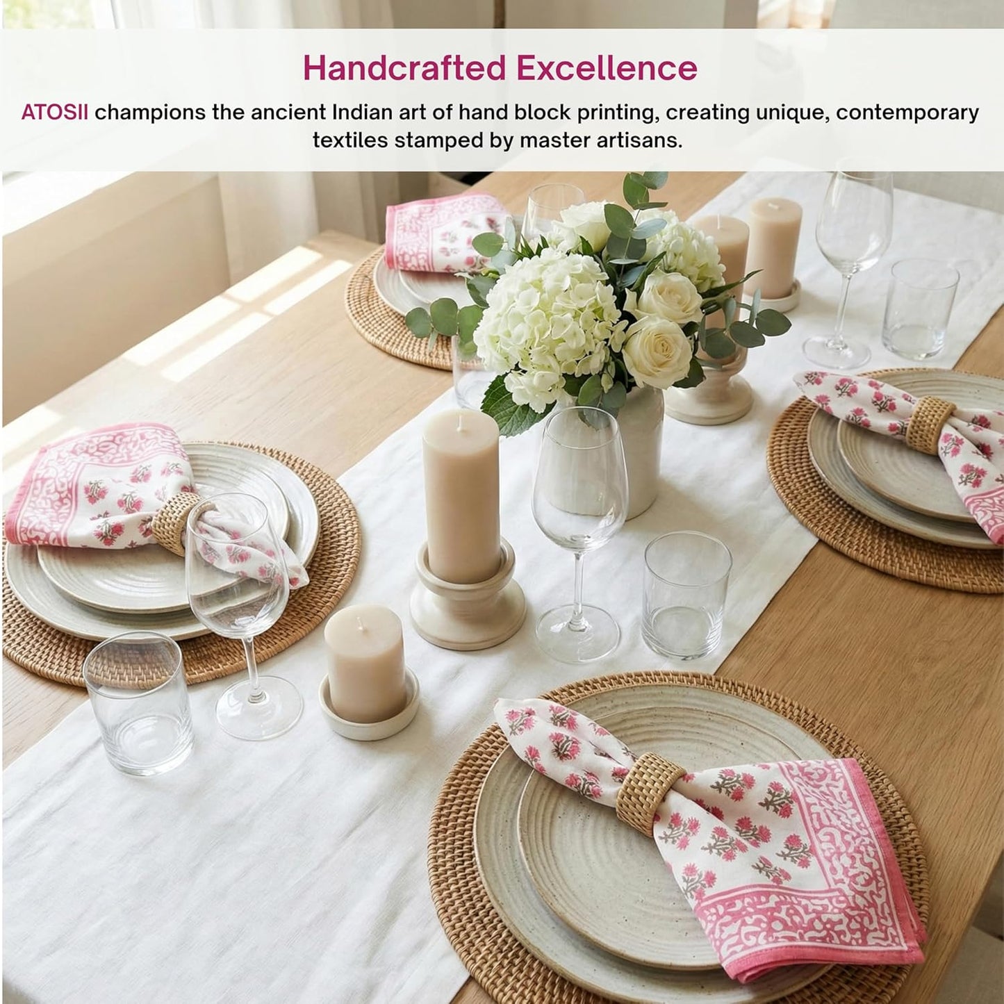 ATOSII Gulbahar White Pink 100% Cotton Cloth Napkins, Handblock Print Designer Table Linen, Perfect for Dinners, Weddings, Cocktail, Kitchen, Thanksgiving/Christmas I 20" X 20" Inches I Set of 4