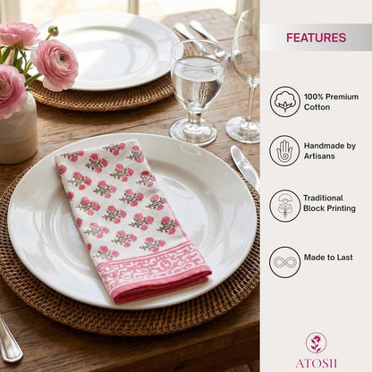 ATOSII Gulbahar White Pink 100% Cotton Cloth Napkins, Handblock Print Designer Table Linen, Perfect for Dinners, Weddings, Cocktail, Kitchen, Thanksgiving/Christmas I 20" X 20" Inches I Set of 4