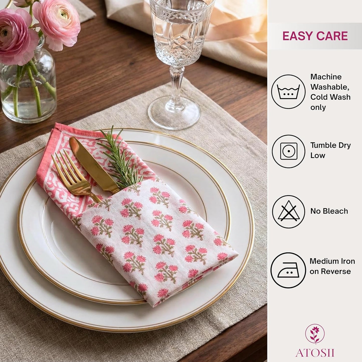 ATOSII Gulbahar White Pink 100% Cotton Cloth Napkins, Handblock Print Designer Table Linen, Perfect for Dinners, Weddings, Cocktail, Kitchen, Thanksgiving/Christmas I 20" X 20" Inches I Set of 4