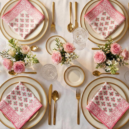 ATOSII Gulbahar White Pink 100% Cotton Cloth Napkins, Handblock Print Designer Table Linen, Perfect for Dinners, Weddings, Cocktail, Kitchen, Thanksgiving/Christmas I 20" X 20" Inches I Set of 4