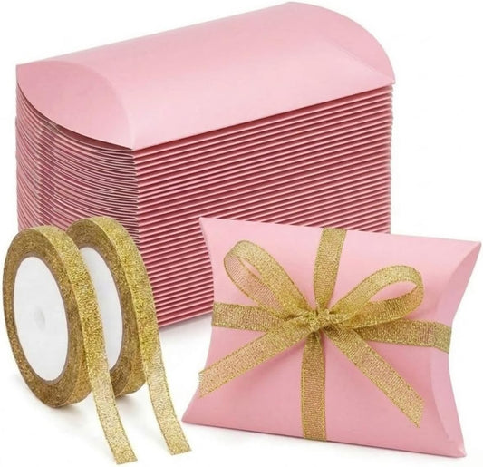 50 Pack Pink Pillow Boxes for Small Business with 2 Ribbon Rolls