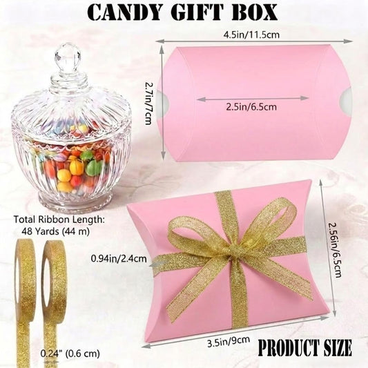 50 Pack Pink Pillow Boxes for Small Business with 2 Ribbon Rolls