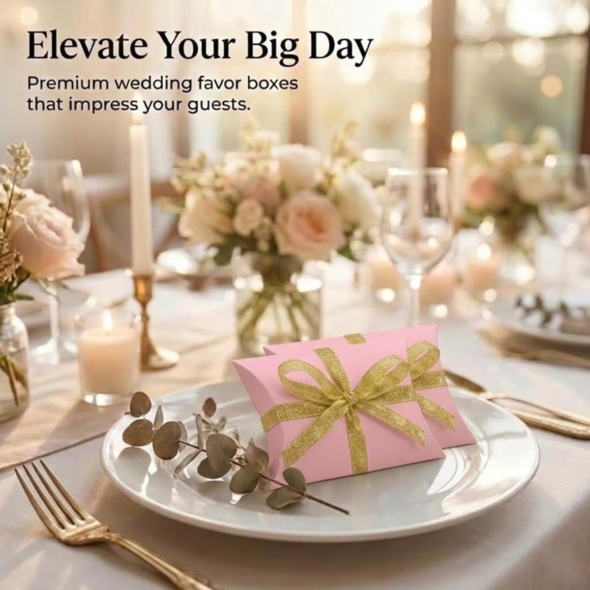 50 Pack Pink Pillow Boxes for Small Business with 2 Ribbon Rolls