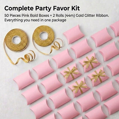 50 Pack Pink Pillow Boxes for Small Business with 2 Ribbon Rolls