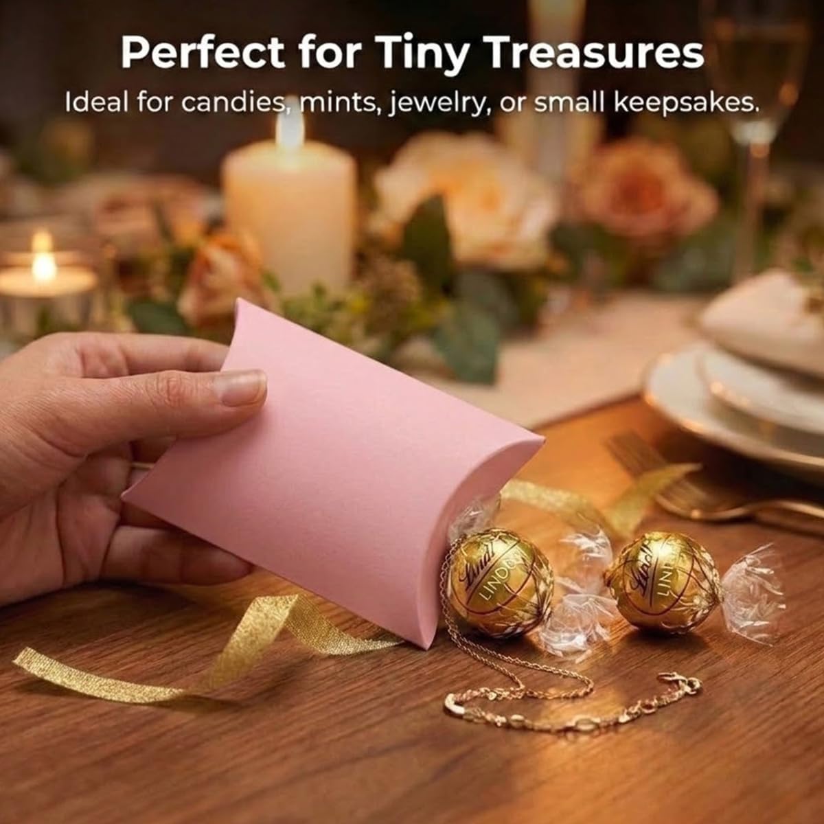 50 Pack Pink Pillow Boxes for Small Business with 2 Ribbon Rolls