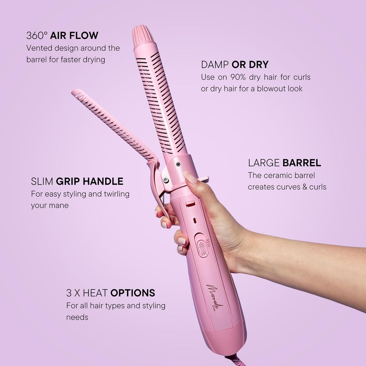 Aircurl Curling Iron - 1.25 Inch Ceramic Barrel with Clamp, Hair Curler for Long, Medium, & Short Hair, Ionic Technology, Lower Heat Temperatures for Healthier Hair Styling - 1.25", Pink