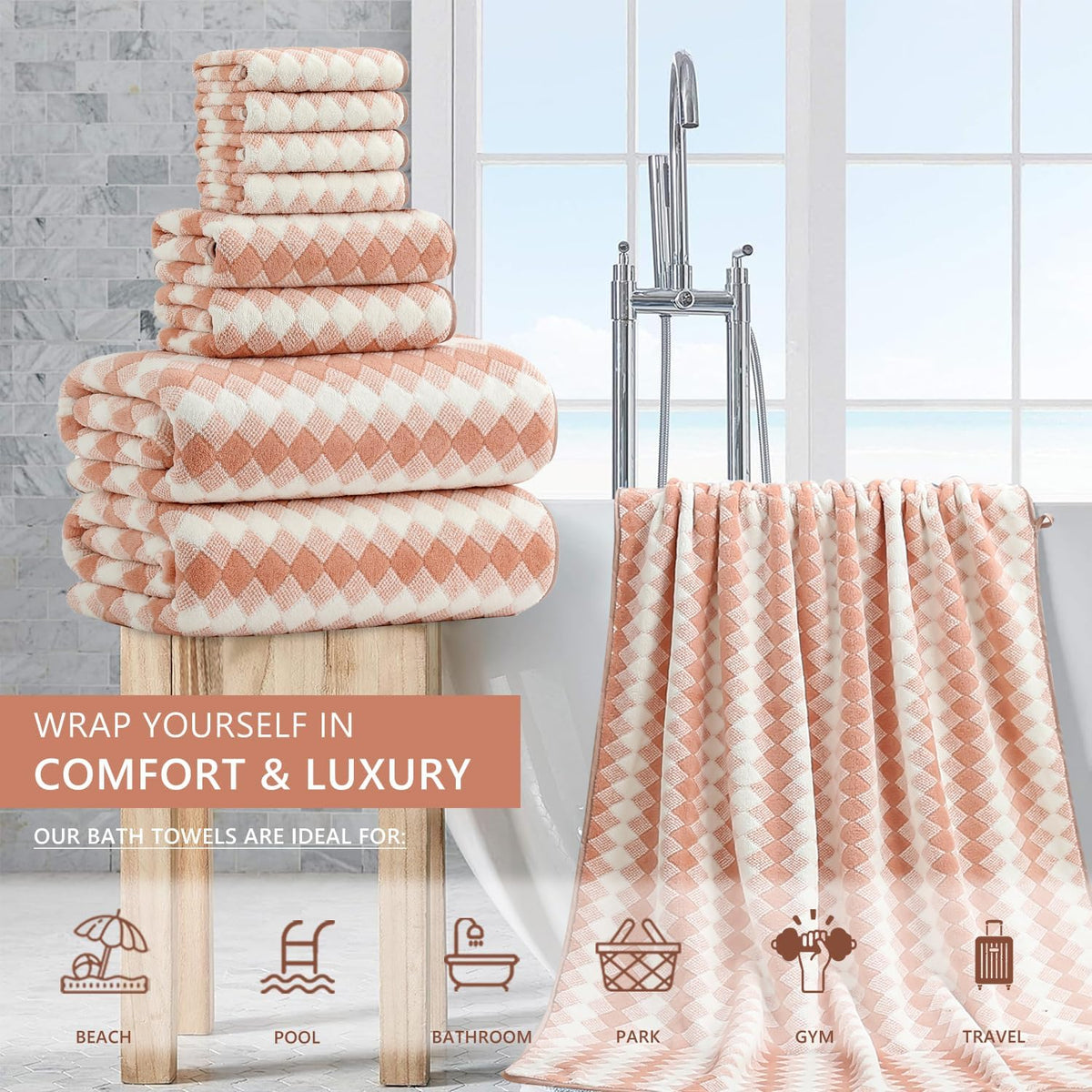 8 Piece Bathroom Towel Set |2 Oversized Bath Towels,2 Hand Towels,4 Washcloths| 600GSM Soft Hotel Towel Set Extra Large Bath Sheet for Bathroom,Highly Absorbent Quick Dry Bath Towel Collections,Peach