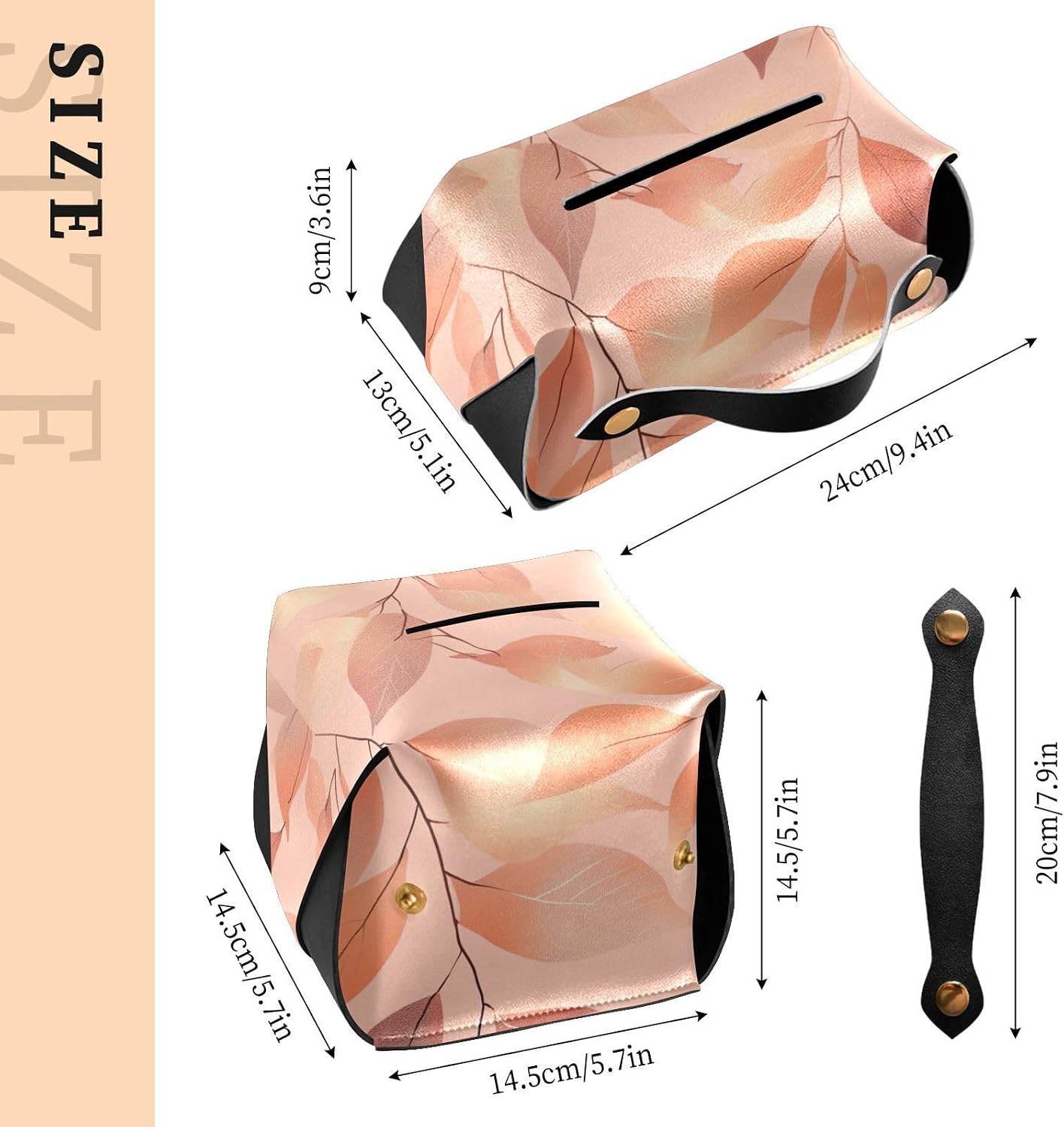Leather tissue holder Hanging napkin holder sun visor with Adjustable straps & zipper Refillable tissue dispenser Peach Leaves Rose Gold