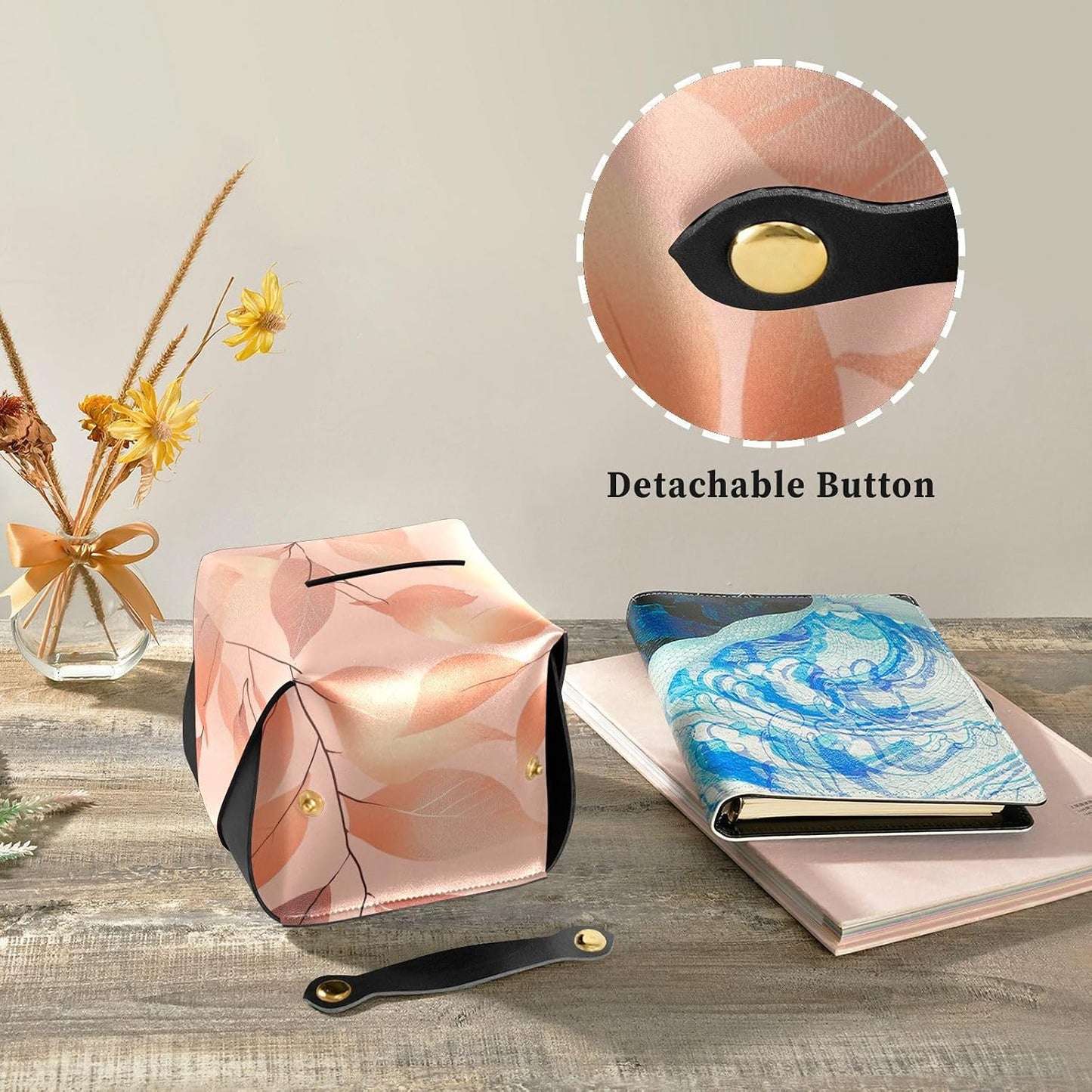 Leather tissue holder Hanging napkin holder sun visor with Adjustable straps & zipper Refillable tissue dispenser Peach Leaves Rose Gold