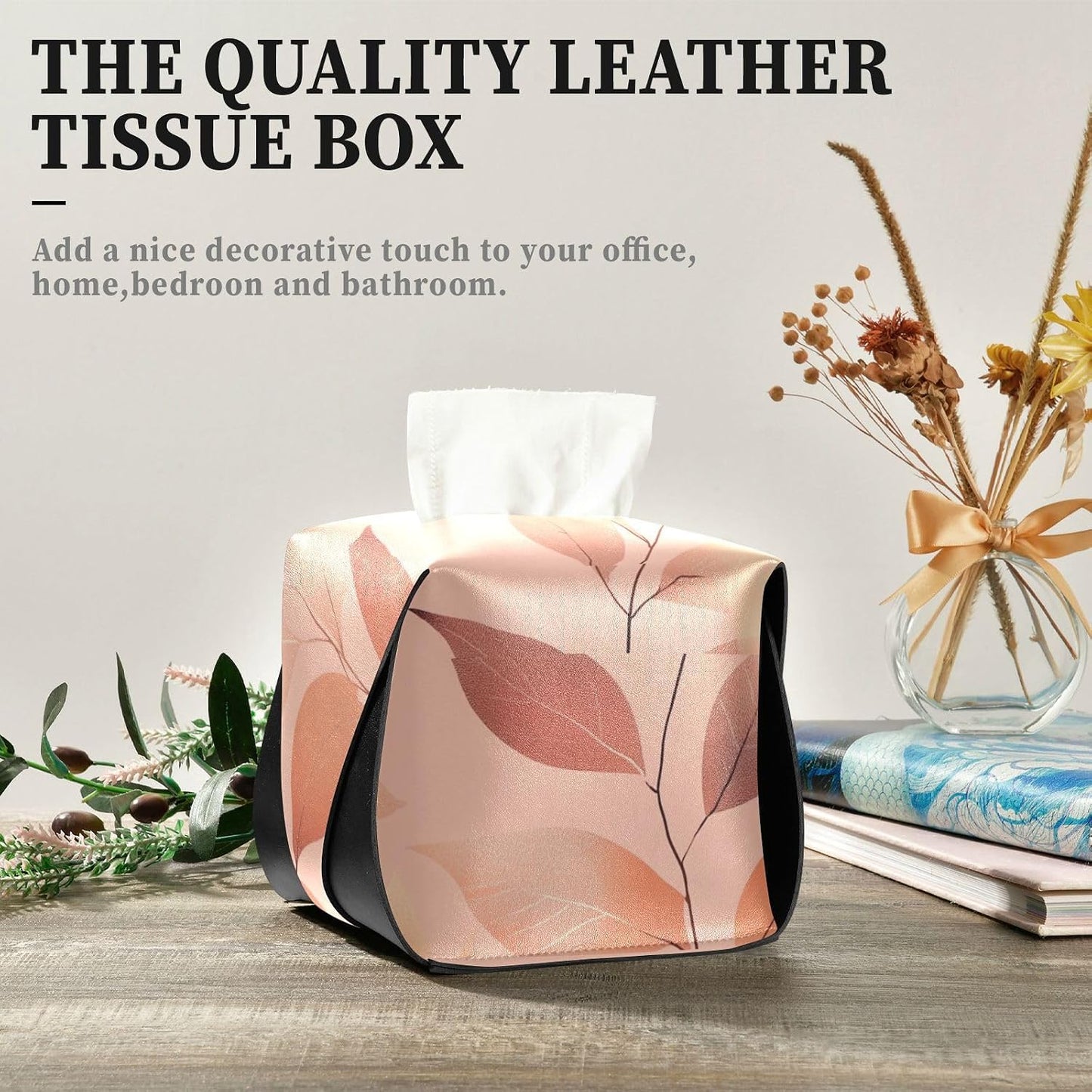 Leather tissue holder Hanging napkin holder sun visor with Adjustable straps & zipper Refillable tissue dispenser Peach Leaves Rose Gold