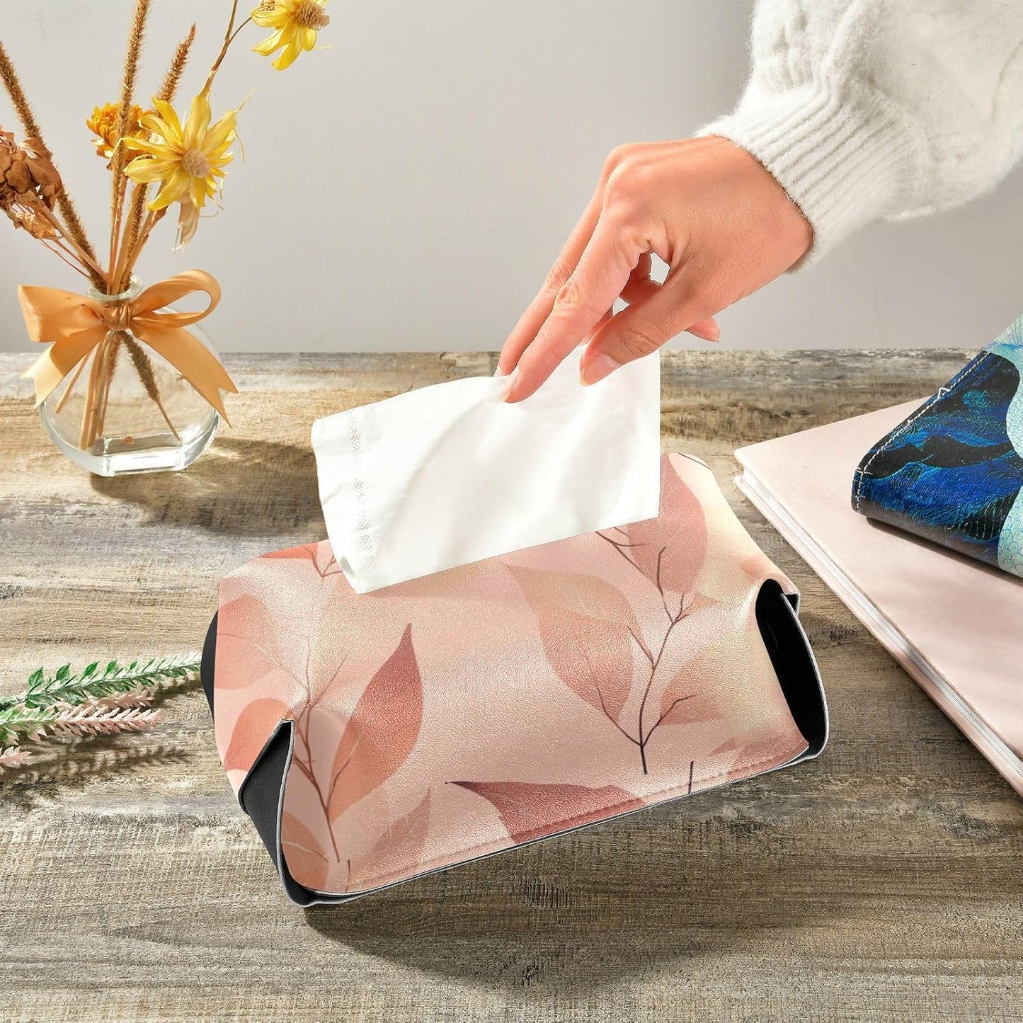 Leather tissue holder Hanging napkin holder sun visor with Adjustable straps & zipper Refillable tissue dispenser Peach Leaves Rose Gold