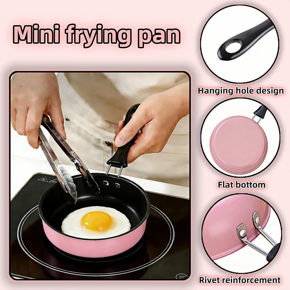 4.7 Inch Mini Frying Pan, Black Non-Stick Egg Pan with Hanging Hole, Flat Bottom Design for Gas, Induction, Electric Stove, Perfect for Single Serve Breakfast, Omelets & Camping, RV Use (Pink)