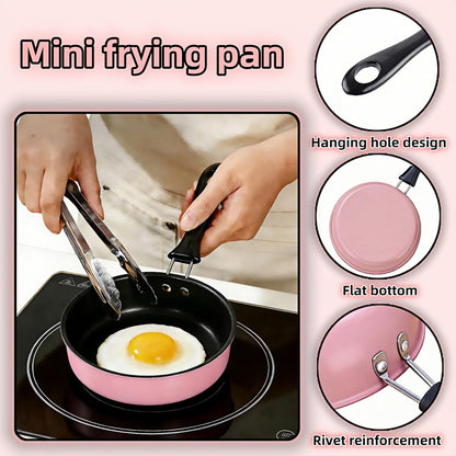 4.7 Inch Mini Frying Pan, Black Non-Stick Egg Pan with Hanging Hole, Flat Bottom Design for Gas, Induction, Electric Stove, Perfect for Single Serve Breakfast, Omelets & Camping, RV Use (Pink)