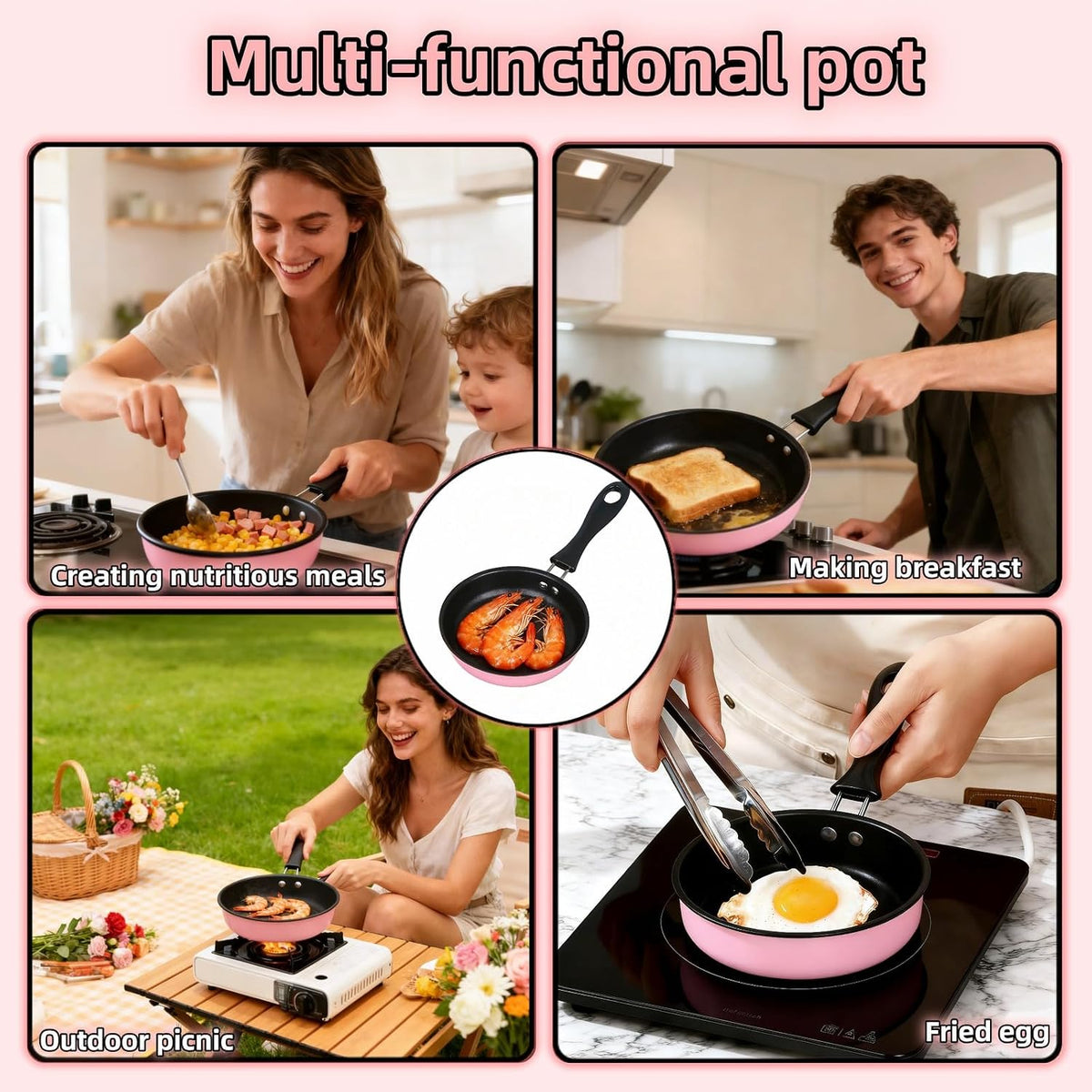 4.7 Inch Mini Frying Pan, Black Non-Stick Egg Pan with Hanging Hole, Flat Bottom Design for Gas, Induction, Electric Stove, Perfect for Single Serve Breakfast, Omelets & Camping, RV Use (Pink)