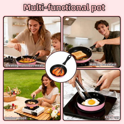 4.7 Inch Mini Frying Pan, Black Non-Stick Egg Pan with Hanging Hole, Flat Bottom Design for Gas, Induction, Electric Stove, Perfect for Single Serve Breakfast, Omelets & Camping, RV Use (Pink)