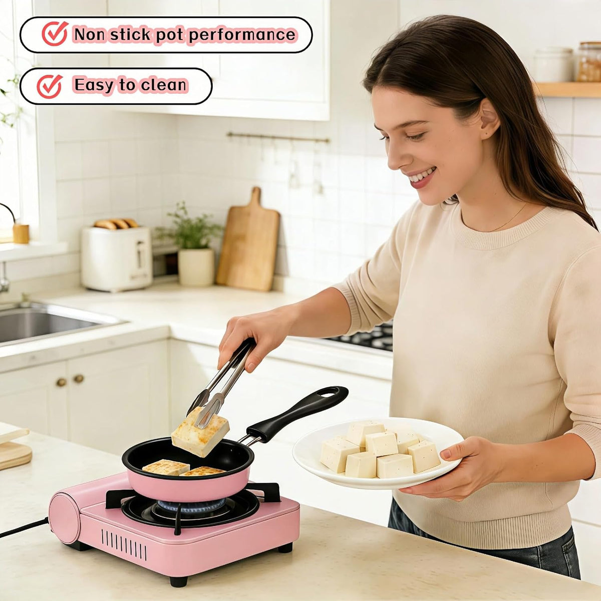 4.7 Inch Mini Frying Pan, Black Non-Stick Egg Pan with Hanging Hole, Flat Bottom Design for Gas, Induction, Electric Stove, Perfect for Single Serve Breakfast, Omelets & Camping, RV Use (Pink)