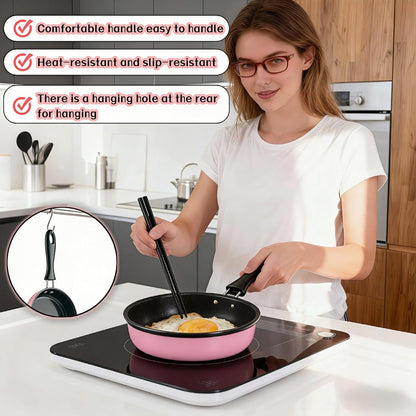 4.7 Inch Mini Frying Pan, Black Non-Stick Egg Pan with Hanging Hole, Flat Bottom Design for Gas, Induction, Electric Stove, Perfect for Single Serve Breakfast, Omelets & Camping, RV Use (Pink)