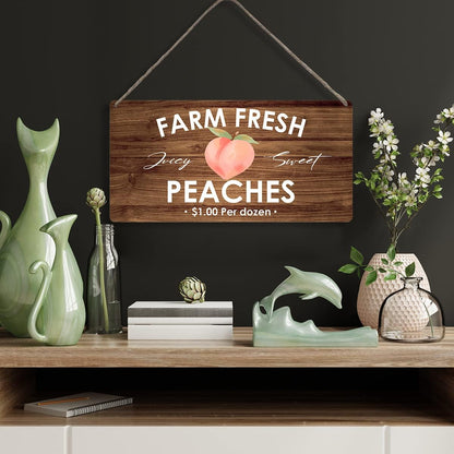 Country Style Peaches Farmhouse Wooden Signs Rustic Farm fresh Peaches Hanging Wall Plaque Sign Home Kitchen Decor Present
