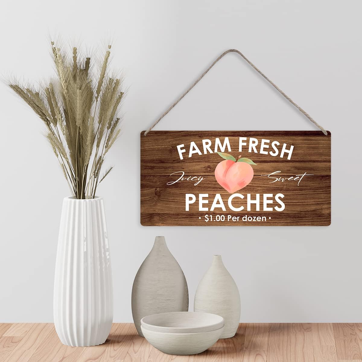 Country Style Peaches Farmhouse Wooden Signs Rustic Farm fresh Peaches Hanging Wall Plaque Sign Home Kitchen Decor Present