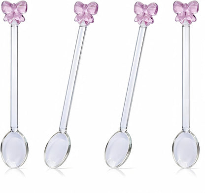 4 Pcs Reusable Pink Bow Glass Spoons Pink Coffee Spoon Dessert coffee stirrer spoon for Bridal engagement party, Wedding, Housewarming,Coquette Bow Party Bachelorette Decoration