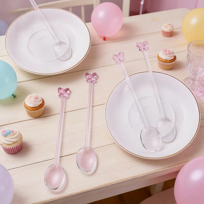 4 Pcs Reusable Pink Bow Glass Spoons Pink Coffee Spoon Dessert coffee stirrer spoon for Bridal engagement party, Wedding, Housewarming,Coquette Bow Party Bachelorette Decoration