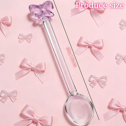 4 Pcs Reusable Pink Bow Glass Spoons Pink Coffee Spoon Dessert coffee stirrer spoon for Bridal engagement party, Wedding, Housewarming,Coquette Bow Party Bachelorette Decoration