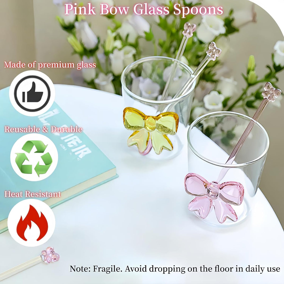 4 Pcs Reusable Pink Bow Glass Spoons Pink Coffee Spoon Dessert coffee stirrer spoon for Bridal engagement party, Wedding, Housewarming,Coquette Bow Party Bachelorette Decoration