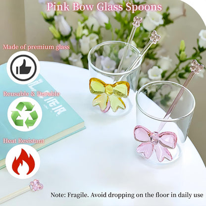 4 Pcs Reusable Pink Bow Glass Spoons Pink Coffee Spoon Dessert coffee stirrer spoon for Bridal engagement party, Wedding, Housewarming,Coquette Bow Party Bachelorette Decoration