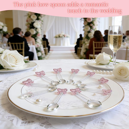 4 Pcs Reusable Pink Bow Glass Spoons Pink Coffee Spoon Dessert coffee stirrer spoon for Bridal engagement party, Wedding, Housewarming,Coquette Bow Party Bachelorette Decoration