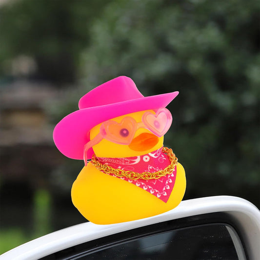 Car Rubber Cowboy Duck, Yellow Ducks Decoration Dashboard with Cowboy Hat Necklace Sunglasses, Pink