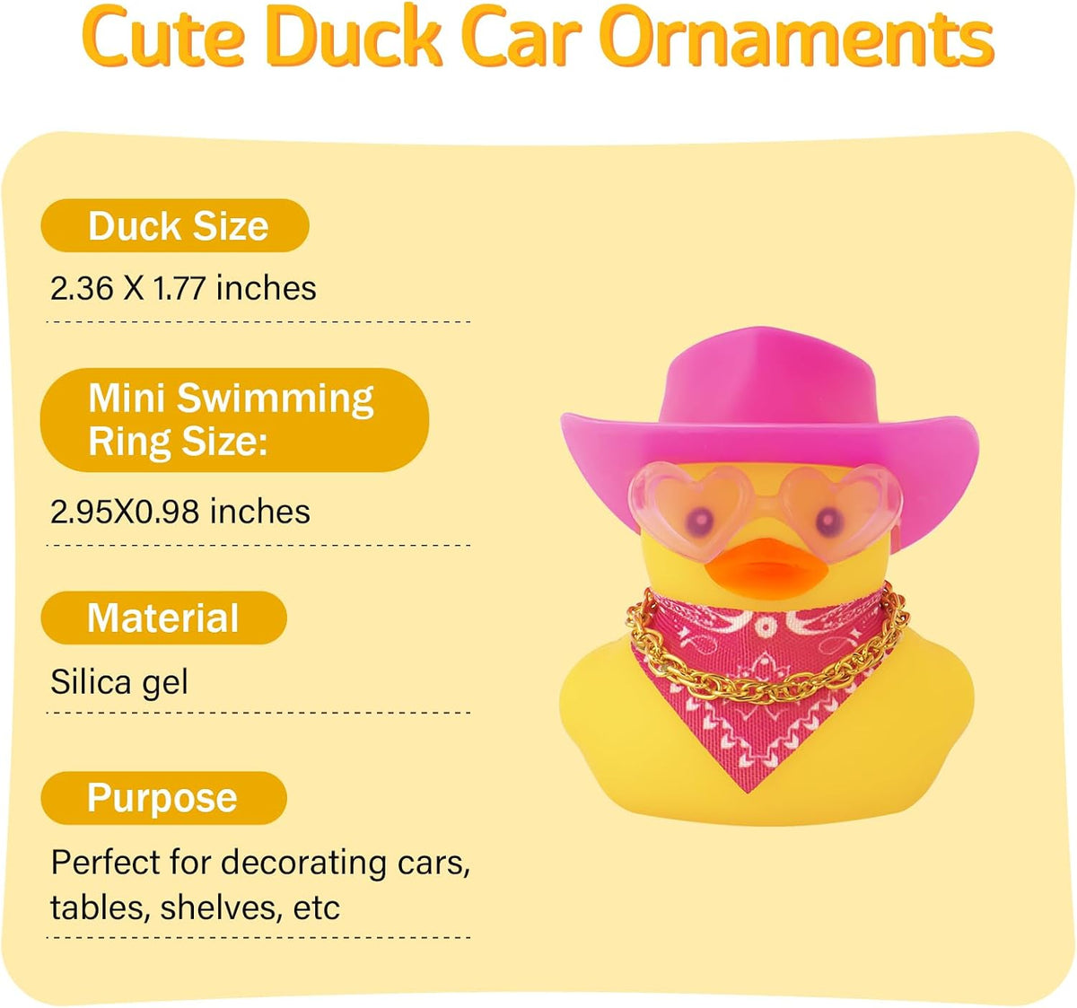 Car Rubber Cowboy Duck, Yellow Ducks Decoration Dashboard with Cowboy Hat Necklace Sunglasses, Pink