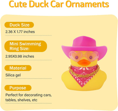 Car Rubber Cowboy Duck, Yellow Ducks Decoration Dashboard with Cowboy Hat Necklace Sunglasses, Pink