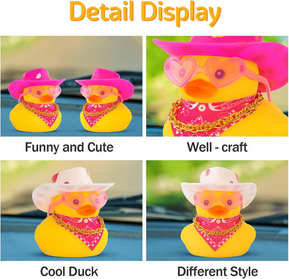 Car Rubber Cowboy Duck, Yellow Ducks Decoration Dashboard with Cowboy Hat Necklace Sunglasses, Pink