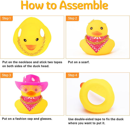 Car Rubber Cowboy Duck, Yellow Ducks Decoration Dashboard with Cowboy Hat Necklace Sunglasses, Pink