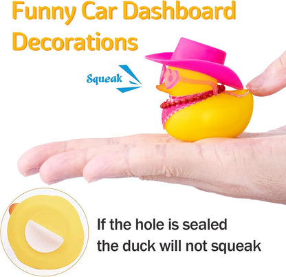 Car Rubber Cowboy Duck, Yellow Ducks Decoration Dashboard with Cowboy Hat Necklace Sunglasses, Pink