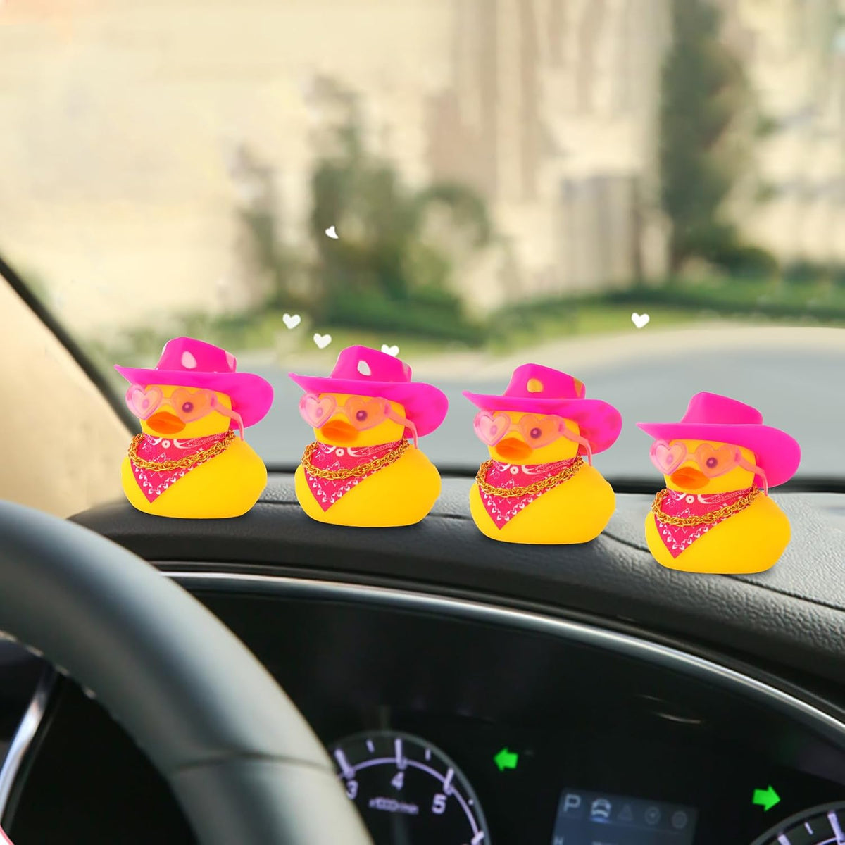 Car Rubber Cowboy Duck, Yellow Ducks Decoration Dashboard with Cowboy Hat Necklace Sunglasses, Pink