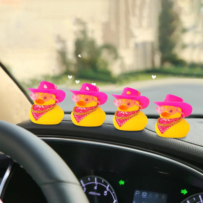 Car Rubber Cowboy Duck, Yellow Ducks Decoration Dashboard with Cowboy Hat Necklace Sunglasses, Pink
