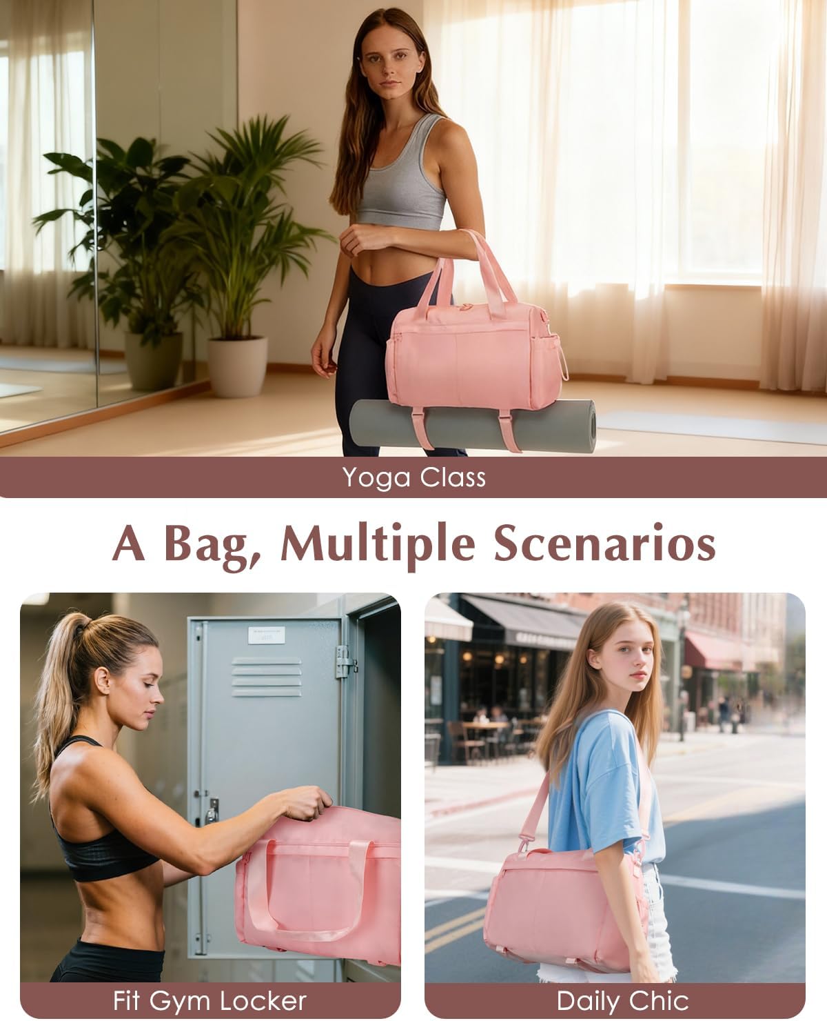 Small Gym Bag, Mini Gym Bag with Yoga Mat Holder & Wet Compartment, Pink