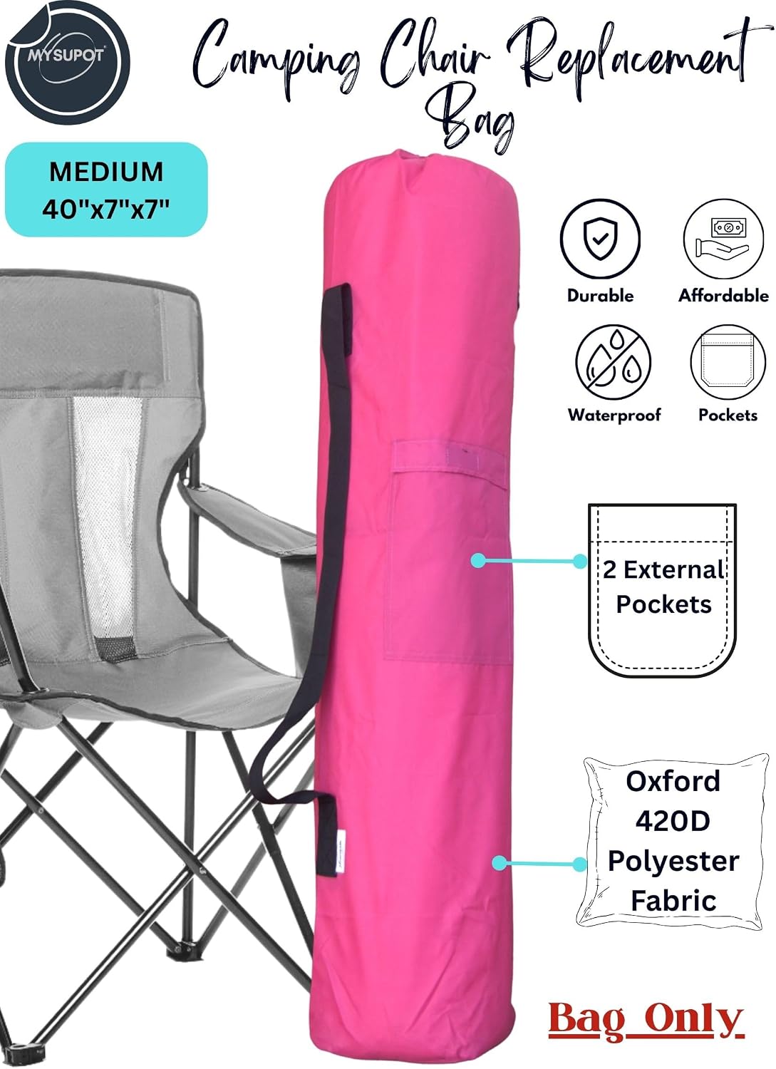 40"x7"x7" (Pink, M) Replacement Bag for Folding Camping Chair, Camp Chairs, Hammock, Yoga Mat, Beach Chair, Umbrella, Tent Bag 420D Oxford Polyester Fabric w/Side Pockets