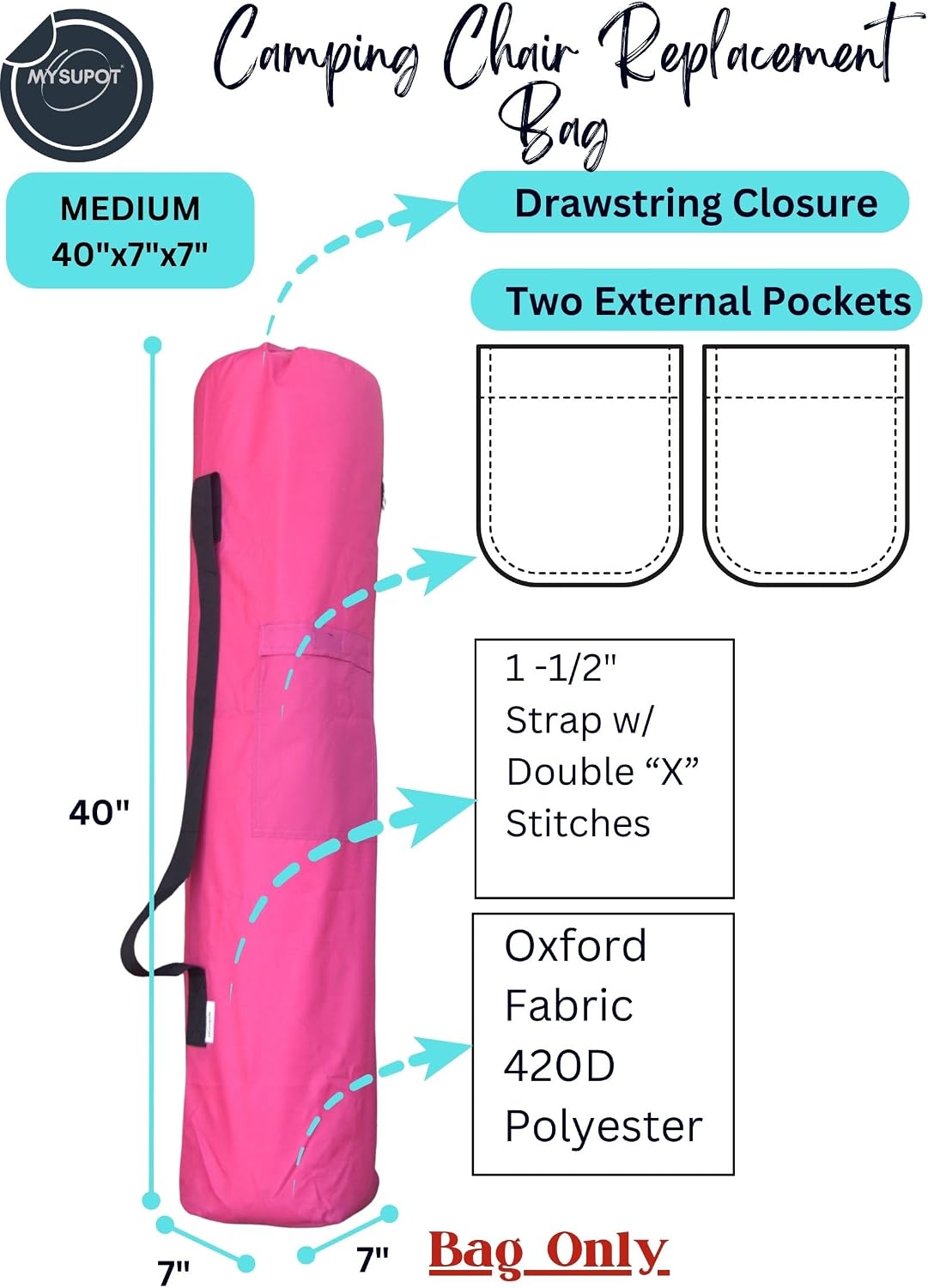 40"x7"x7" (Pink, M) Replacement Bag for Folding Camping Chair, Camp Chairs, Hammock, Yoga Mat, Beach Chair, Umbrella, Tent Bag 420D Oxford Polyester Fabric w/Side Pockets