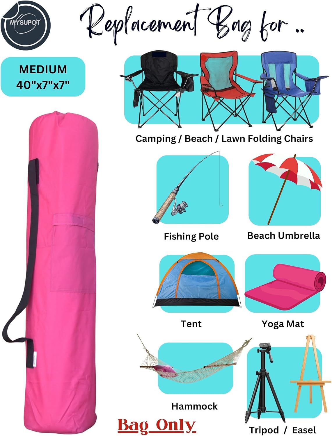 40"x7"x7" (Pink, M) Replacement Bag for Folding Camping Chair, Camp Chairs, Hammock, Yoga Mat, Beach Chair, Umbrella, Tent Bag 420D Oxford Polyester Fabric w/Side Pockets