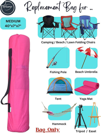 40"x7"x7" (Pink, M) Replacement Bag for Folding Camping Chair, Camp Chairs, Hammock, Yoga Mat, Beach Chair, Umbrella, Tent Bag 420D Oxford Polyester Fabric w/Side Pockets
