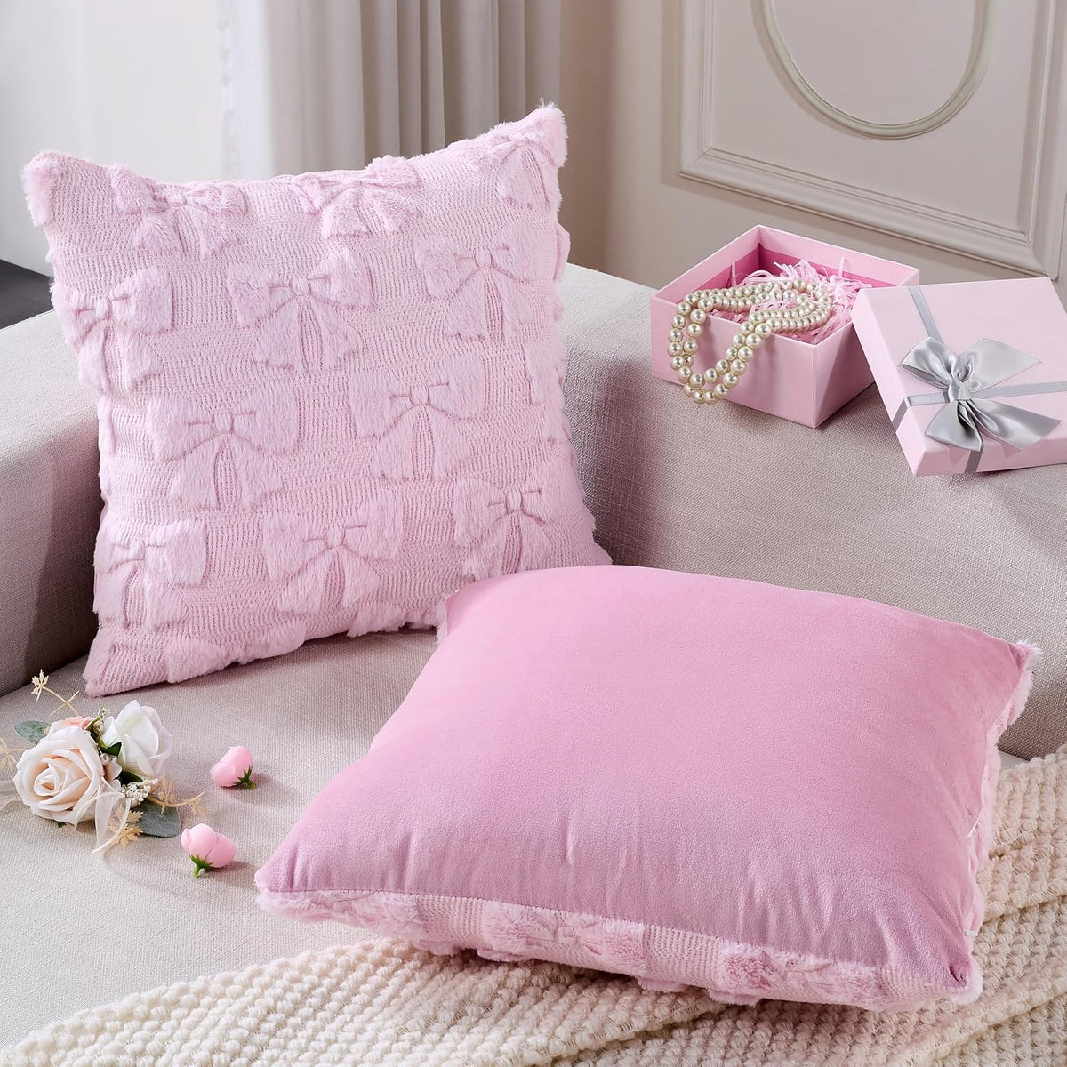 Light Pink Christmas Pillow Covers 18x18 Set of 2 Valentine Coquette Room Decor Faux Fur Bow Soft Aesthetic Plush Preppy Fluffy Decorative Throw Cushion Case for Sofa Couch Bed Chair Living Room