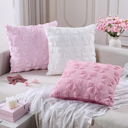 Light Pink Christmas Pillow Covers 18x18 Set of 2 Valentine Coquette Room Decor Faux Fur Bow Soft Aesthetic Plush Preppy Fluffy Decorative Throw Cushion Case for Sofa Couch Bed Chair Living Room