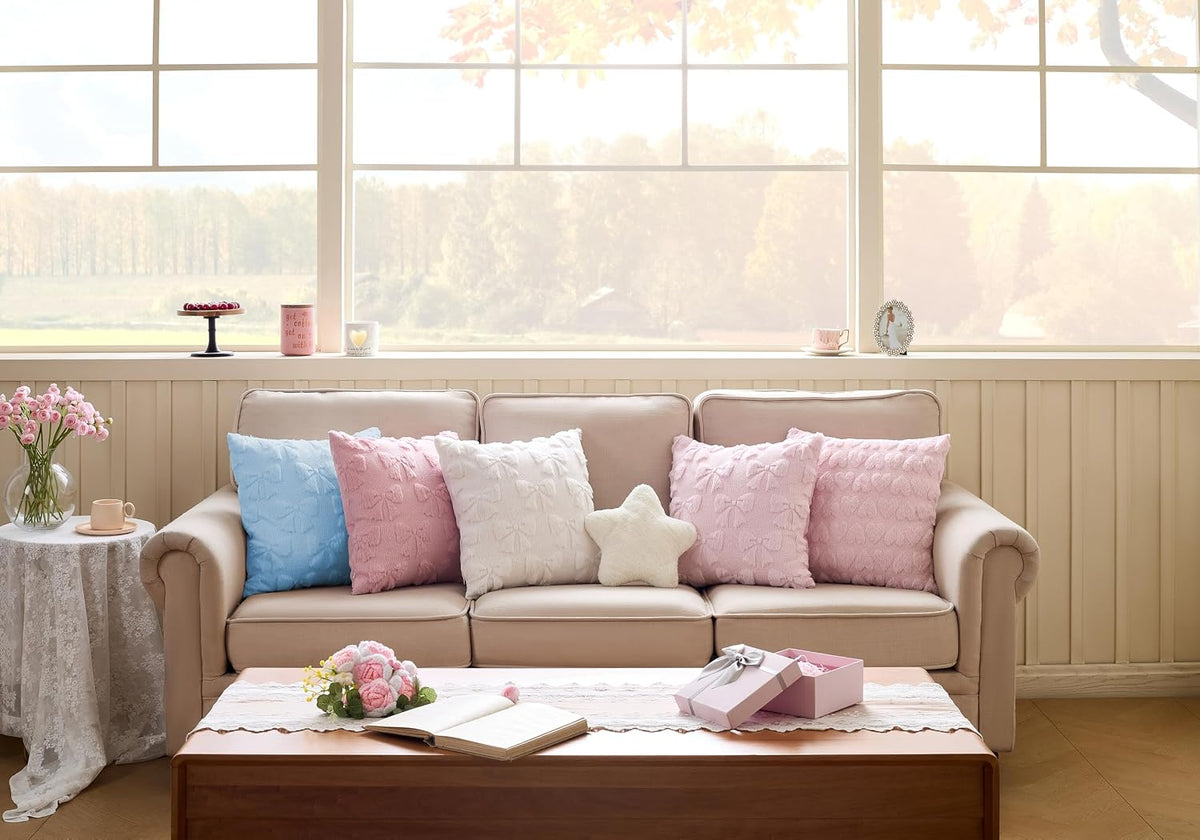 Light Pink Christmas Pillow Covers 18x18 Set of 2 Valentine Coquette Room Decor Faux Fur Bow Soft Aesthetic Plush Preppy Fluffy Decorative Throw Cushion Case for Sofa Couch Bed Chair Living Room